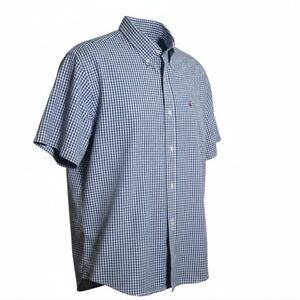 Izod blue white gingham plaid men's short-sleeve button down shirt size large